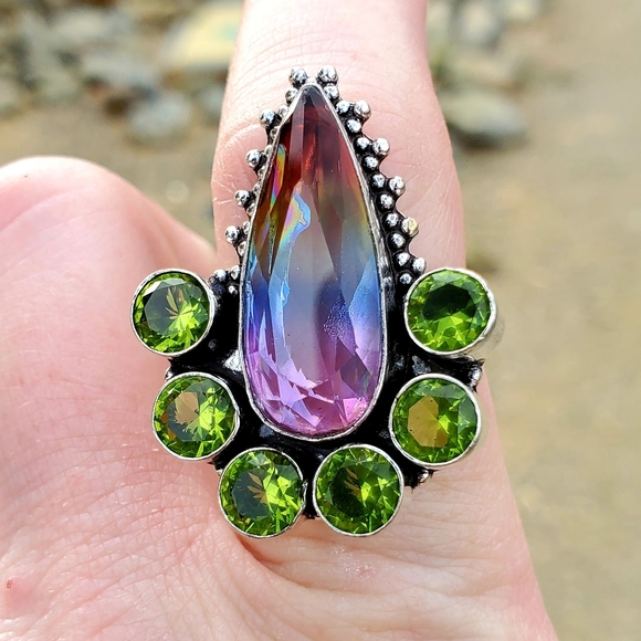New Bi-Color Tourmaline & Peridot 925 Silver Ring. - Picture 8 of 12